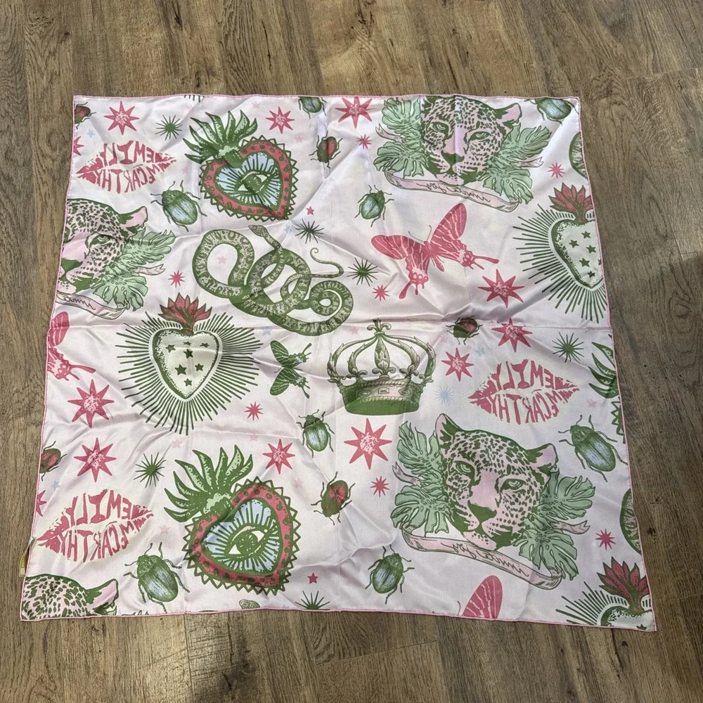 Emily McCarthy Iconic Joy Silk Square Scarf 32x32 Pink Leopard Snake Evil Eye